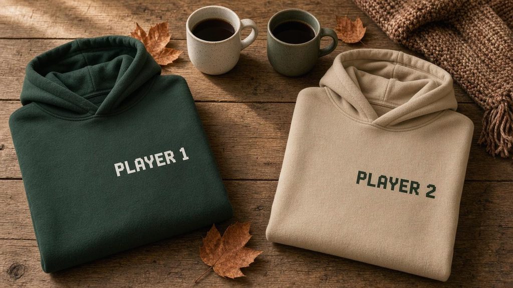 Zwei gefaltete Hoodies flach auf Holztisch: flaschengrün mit weißem Aufdruck PLAYER 1 und sandbeige mit dunkelgrünem Aufdruck PLAYER 2, daneben zwei Kaffeetassen, Herbstlaub und ein Strickschal