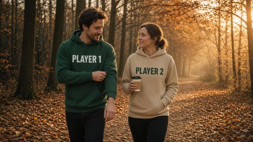 Paar Anfang 30 auf herbstlichem Waldweg im goldenen Abendlicht in Partnerlook-Hoodies: er in Flaschengrün mit weißem Aufdruck PLAYER 1, sie in Sandbeige mit dunkelgrünem Aufdruck PLAYER 2, ungestellter Moment mit Kaffeebecher