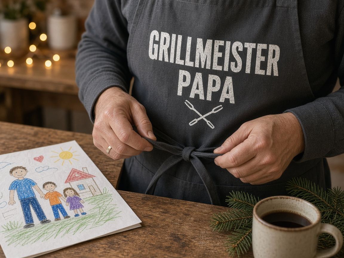 Geschenk für Papa selbst gestaltet: Männerhände mit Ehering binden eine dunkelgraue Schürze mit dem weißen Aufdruck „GRILLMEISTER PAPA“ und gekreuzten Grillzangen, auf dem Holztisch eine Buntstift-Kinderzeichnung von Papa mit zwei Kindern, Haus, Sonne und Herz, daneben eine Tasse schwarzer Kaffee und Tannenzweige vor unscharfer Lichterkette