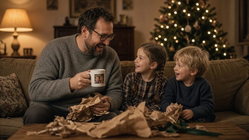 Papa Geschenk selbst gestalten zu Weihnachten: Lachender Vater um die vierzig mit kurzem dunklem Bart, Brille und grauem Strickpullover sitzt an Heiligabend auf dem Sofa und hält eine weiße Fototasse mit dem Foto seiner zwei Kinder, neben ihm ein Mädchen mit braunen Zöpfen im karierten Kleid und ein blonder Junge im dunkelblauen Pullover, davor zerknülltes Packpapier mit grünem Band, im Hintergrund Weihnachtsbaum mit Lichterkette und Stehlampe