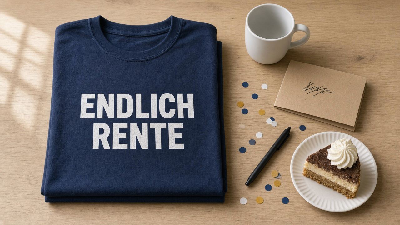 Gefaltetes dunkelblaues T-Shirt mit weißem Aufdruck ENDLICH RENTE auf einem hellen Holzschreibtisch, daneben eine weiße Tasse, eine Abschiedskarte aus Kraftpapier, ein schwarzer Filzstift, ein Stück Kuchen und Konfetti – selbst gestaltetes Abschiedsgeschenk zum Ruhestand