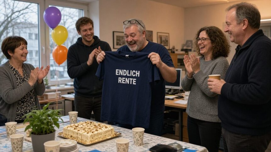 Kollege um die 63 mit grauem Bart hält bei seiner Abschiedsfeier im Büro lachend ein dunkelblaues T-Shirt mit dem Aufdruck ENDLICH RENTE hoch, vier Kolleginnen und Kollegen unterschiedlichen Alters klatschen und lachen, im Hintergrund Kuchen und Luftballons