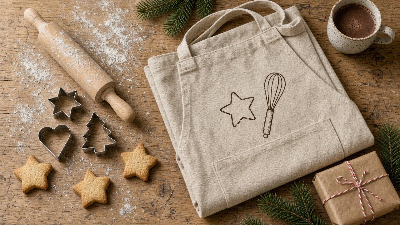Gefaltete beige Backschürze aus Baumwolle mit Brusttasche und dunklem Aufdruck aus Sternumriss und Schneebesen auf einem rustikalen Holztisch, daneben ein bemehltes Nudelholz, Ausstechformen in Stern-, Herz- und Tannenform, Sternplätzchen, eine Tasse Kakao, Tannenzweige und ein Geschenk in Kraftpapier mit rot-weißer Kordel