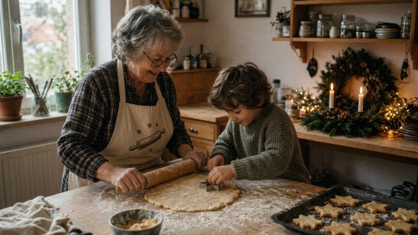 Schürze selbst gestalten für die Weihnachtsbäckerei: Eine Großmutter um die 65 mit kurzen grauen Locken und Brille trägt eine beige Latzschürze mit dunklem Nudelholz- und Sternenmotiv und rollt lachend Teig auf der bemehlten Arbeitsplatte aus, daneben sticht ihr etwa achtjähriger Enkel mit braunen Locken im grünen Strickpulli Sterne aus, dahinter ein Blech Plätzchen und ein Adventskranz mit zwei brennenden Kerzen