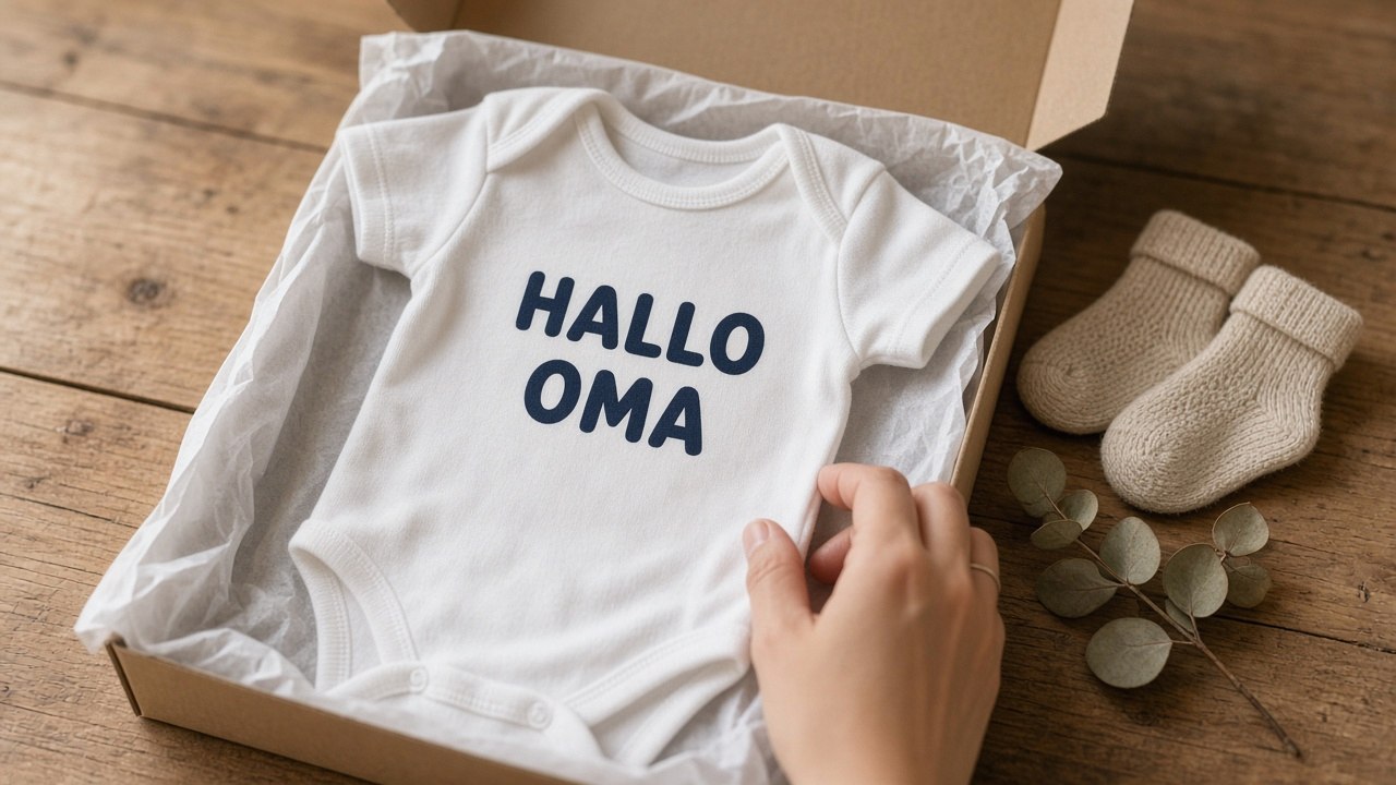 Weißer Babybody mit dunkelblauem Aufdruck HALLO OMA flach auf Holztisch neben offener Geschenkschachtel mit Seidenpapier, gestrickten Babysöckchen und Eukalyptuszweig – Idee, um den Großeltern die Schwangerschaft zu verkünden