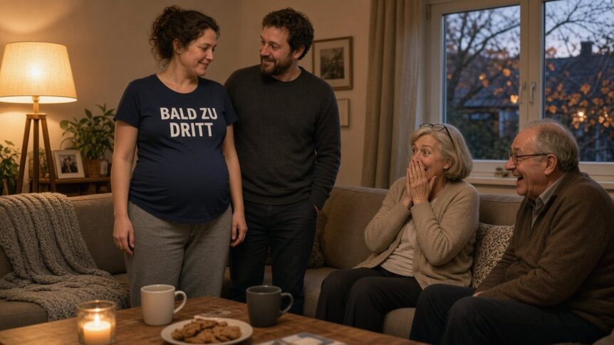 Werdende Mutter Anfang 30 im navyblauen T-Shirt mit weißem Aufdruck BALD ZU DRITT verkündet im gemütlichen Wohnzimmer ihre Schwangerschaft, ihre Eltern auf dem Sofa reagieren überrascht und glücklich, der Partner lächelt daneben