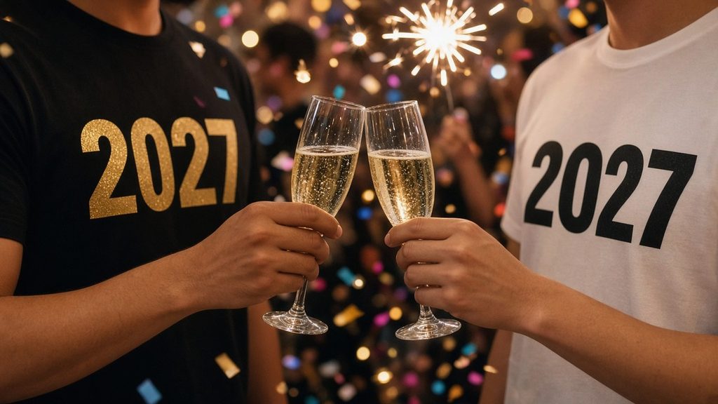Nahaufnahme eines schwarzen T-Shirts mit goldfarbenem Aufdruck 2027 und Konfetti beim Anstoßen mit Sektgläsern