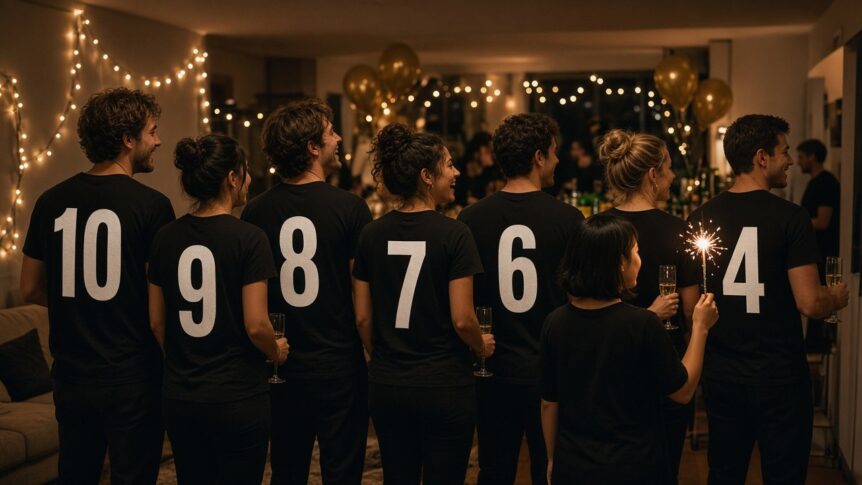 Freundesgruppe in schwarzen Silvester-Shirts mit Countdown-Nummern auf dem Rücken zählt um Mitternacht gemeinsam herunter
