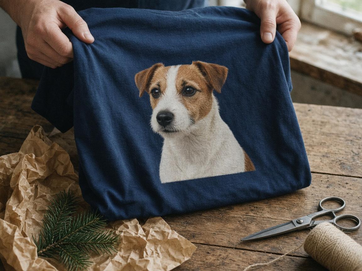 T-Shirt mit Foto selbst gestalten mit Haustierporträt: Zwei Hände halten ein dunkelblaues T-Shirt über einem Holztisch, auf der Brust das freigestellte Fotoporträt eines braun-weißen Jack Russell Terriers, darunter zerknülltes Packpapier, ein Tannenzweig, eine Schere und eine Rolle Bindfaden im weichen Tageslicht vom Fenster
