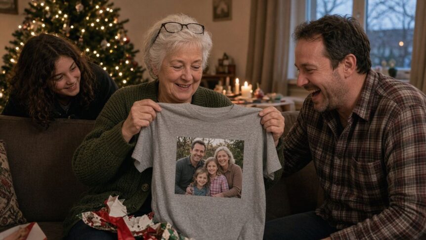 T-Shirt mit Foto selbst gestalten als Weihnachtsgeschenk: Eine Großmutter Ende sechzig mit kurzen silbernen Haaren, hochgeschobener Lesebrille und dunkelgrüner Strickjacke sitzt auf dem Sofa und hält ein hellgraues T-Shirt hoch, auf dessen Brust ein rechteckiges Farbfoto einer lachenden vierköpfigen Familie gedruckt ist, neben ihr lacht ihr erwachsener Sohn mit Dreitagebart und kariertem Flanellhemd, von hinten beugt sich die Enkelin im Teenageralter mit dunklen Locken heran, auf ihrem Schoß zerrissenes Geschenkpapier mit rotem Band, im Hintergrund ein geschmückter Weihnachtsbaum mit Lichterkette und brennende Kerzen auf einem Tisch am Fenster