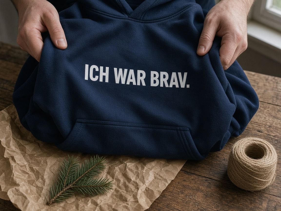 T-Shirt mit Spruch selbst gestalten – Beispiel für Schrift und Kontrast: Zwei Hände halten einen marineblauen Hoodie mit dem Spruch „ICH WAR BRAV.“ in weißen Blockbuchstaben oberhalb der Kängurutasche über einem Holztisch mit Packpapier, Tannenzweig und Bindfaden im Tageslicht