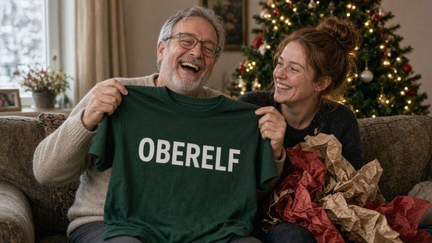 T-Shirt mit Spruch selbst gestalten als Weihnachtsgeschenk: Ein Mann Mitte fünfzig mit grauem Bart und Brille sitzt lachend auf dem Sofa und hält ein dunkelgrünes T-Shirt mit dem weißen Schriftzug „OBERELF“ hoch, neben ihm grinst seine erwachsene Tochter mit rotbraunem Haarknoten und Sommersprossen, auf ihrem Schoß zerknülltes Geschenkpapier, im Hintergrund ein Weihnachtsbaum mit warmer Lichterkette am Fenster