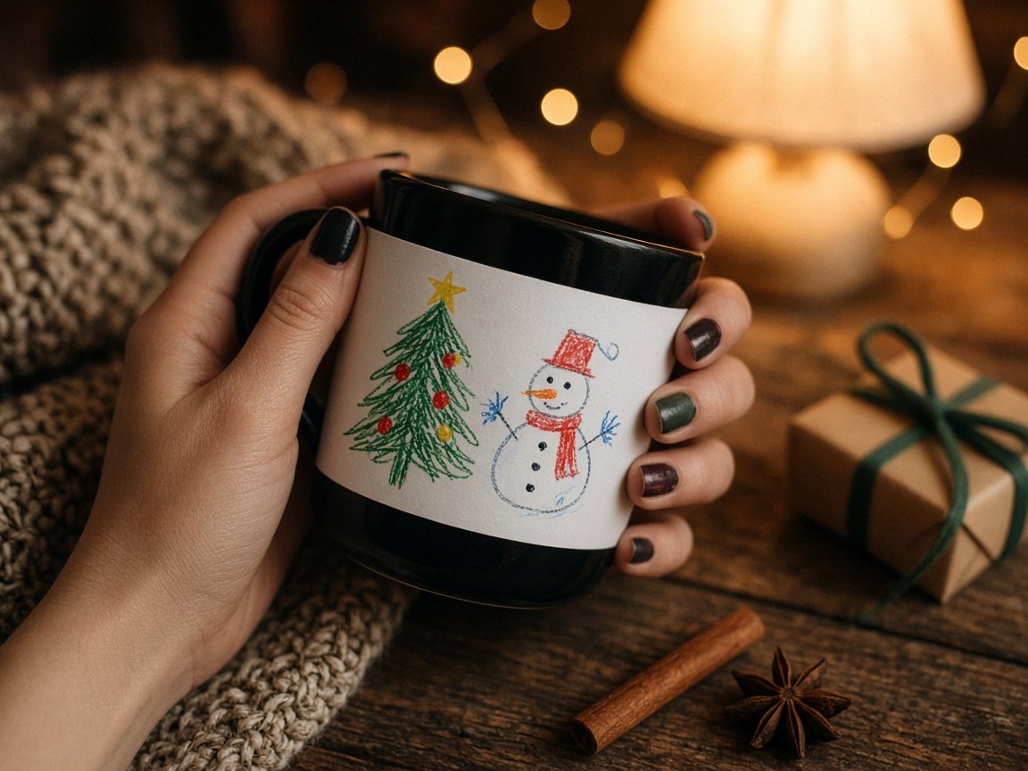 Tasse selbst gestalten mit Kinderzeichnung: Hände mit dunklem Nagellack halten eine schwarz glänzende Fototasse, deren weiße Druckfläche eine Buntstift-Kinderzeichnung von einem geschmückten Weihnachtsbaum und einem Schneemann mit rotem Schal zeigt, daneben eine Strickdecke, eine Zimtstange, Sternanis und ein Päckchen in Packpapier mit grüner Schleife vor warmem Lampenlicht und unscharfer Lichterkette