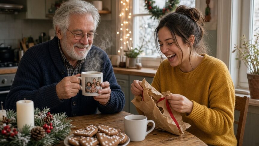 Tasse selbst gestalten als Weihnachtsgeschenk: Lächelnder grauhaariger Mann in den Sechzigern mit weißem Bart, Brille und dunkelblauer Strickjacke hält am Holztisch in der Küche eine weiße Fototasse mit dem Foto seiner drei Enkelkinder und dampfendem Kaffee, neben ihm packt eine lachende Frau um die dreißig mit dunklem Haardutt im senfgelben Pullover ein Geschenk aus Packpapier mit roter Schleife aus, auf dem Tisch Lebkuchenherzen, ein Adventsgesteck mit Kerze und Tannenzweigen und eine zweite weiße Tasse, im Hintergrund ein Fenster mit Lichterkette und Kranz