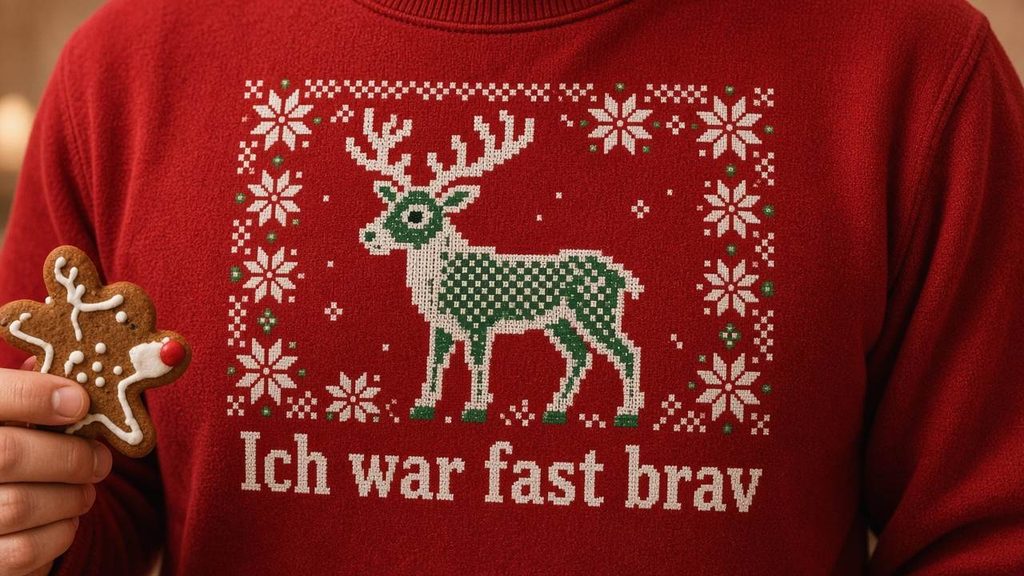 Nahaufnahme eines roten Sweatshirts mit gedrucktem Pixel-Rentier, Schneeflocken-Bordüre und Schriftzug Ich war fast brav