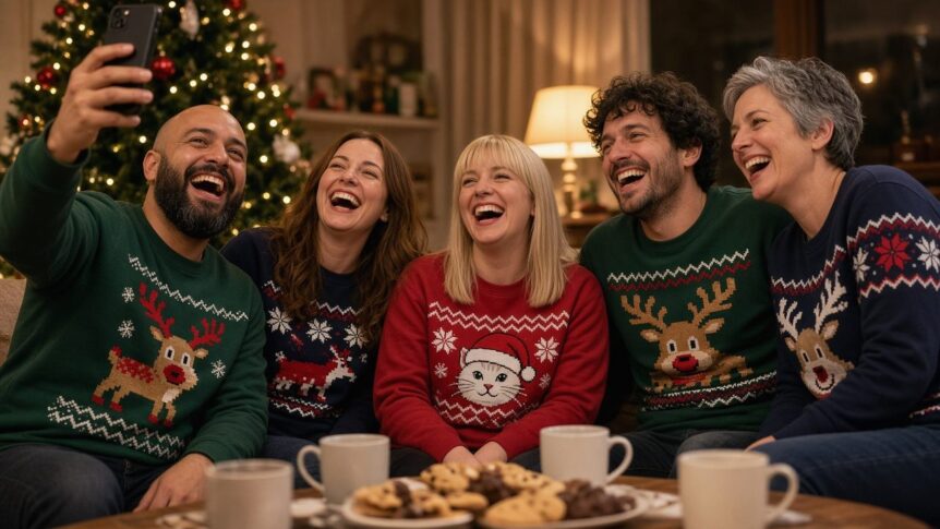 Freunde in bunten selbst gestalteten Ugly-Christmas-Sweatshirts mit Rentier- und Schneeflockenmotiven lachen auf einer Weihnachtsparty
