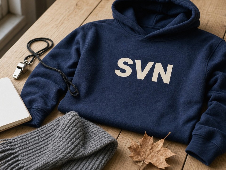 Navy-Hoodie mit cremefarbenem Aufdruck SVN flach auf Holzbank neben Trillerpfeife, Notizbuch und Strickschal