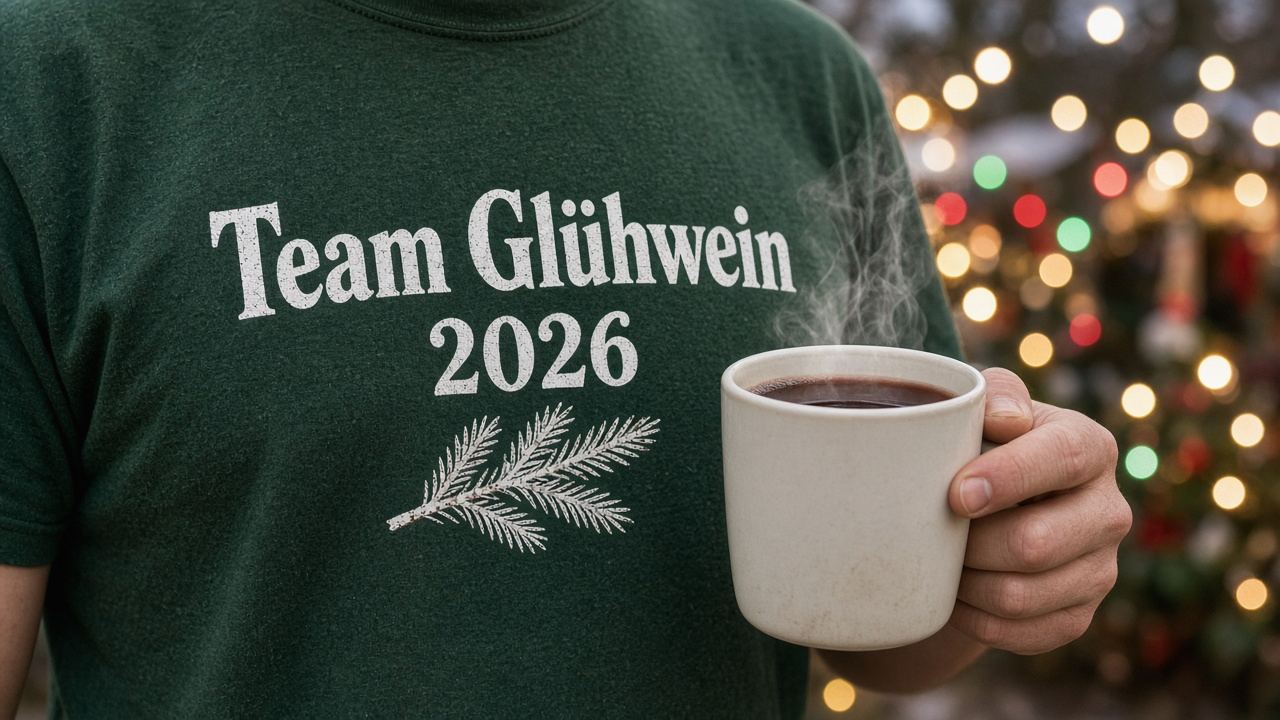 Nahaufnahme eines dunkelgrünen T-Shirts mit weißem Schriftzug Team Glühwein 2026 und kleinem Tannenzweig-Motiv