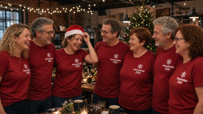 Kolleginnen und Kollegen in einheitlichen roten Weihnachtsfeier-T-Shirts beim Gruppenfoto auf der Firmen-Weihnachtsfeier