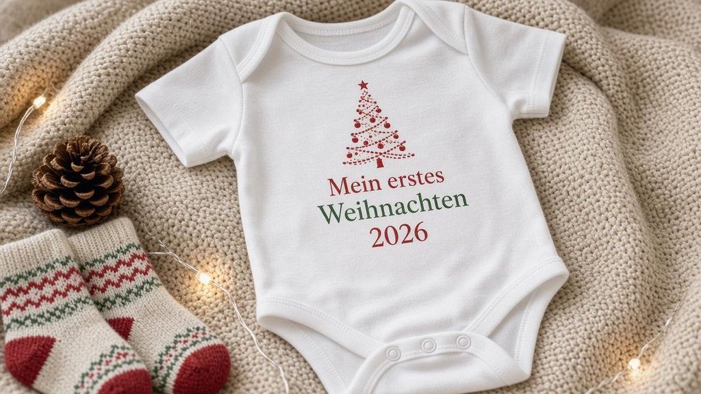 Weißer Baby-Body mit Weihnachtsbaum-Motiv und Aufdruck Mein erstes Weihnachten 2026 auf einer Strickdecke