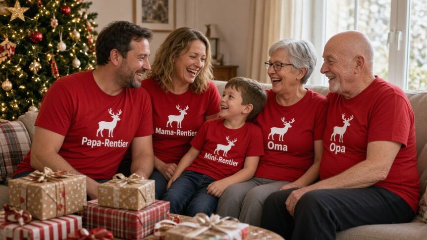 Familie mit Kind und Großeltern in passenden roten Weihnachtsshirts mit Rentier-Motiv und Aufdrucken wie Papa-Rentier, Mama-Rentier und Oma am Weihnachtsmorgen im Wohnzimmer