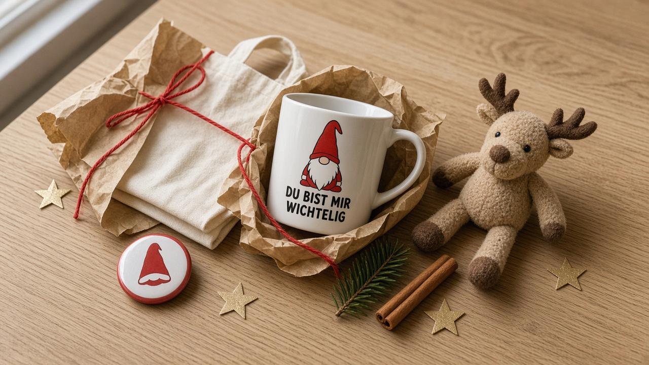 Selbst gestaltete Wichtelgeschenke auf hellem Eichenholz: weiße Tasse mit rotem Wichtel und dem Aufdruck DU BIST MIR WICHTELIG in Kraftpapier, gefalteter Stoffbeutel mit roter Schnur, rot-weißer Button mit Wichtelmütze und ein Plüsch-Rentier, dazu Tannenzweig, Zimtstangen und goldene Papiersterne