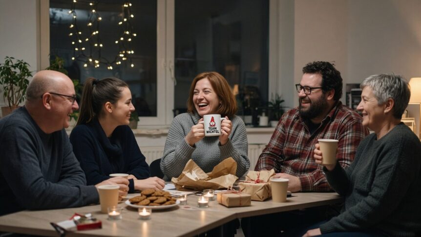 Wichteln am Abend im Büro: Eine Frau um die 45 mit rotbraunem Haar im grauen Strickpullover hält lachend eine weiße Tasse mit rotem Wichtel und dem Aufdruck TEAM WICHTEL, um sie herum vier Kolleginnen und Kollegen unterschiedlichen Alters an zusammengeschobenen Tischen mit Lichterkette, Teelichtern, Keksen und Geschenken in Kraftpapier